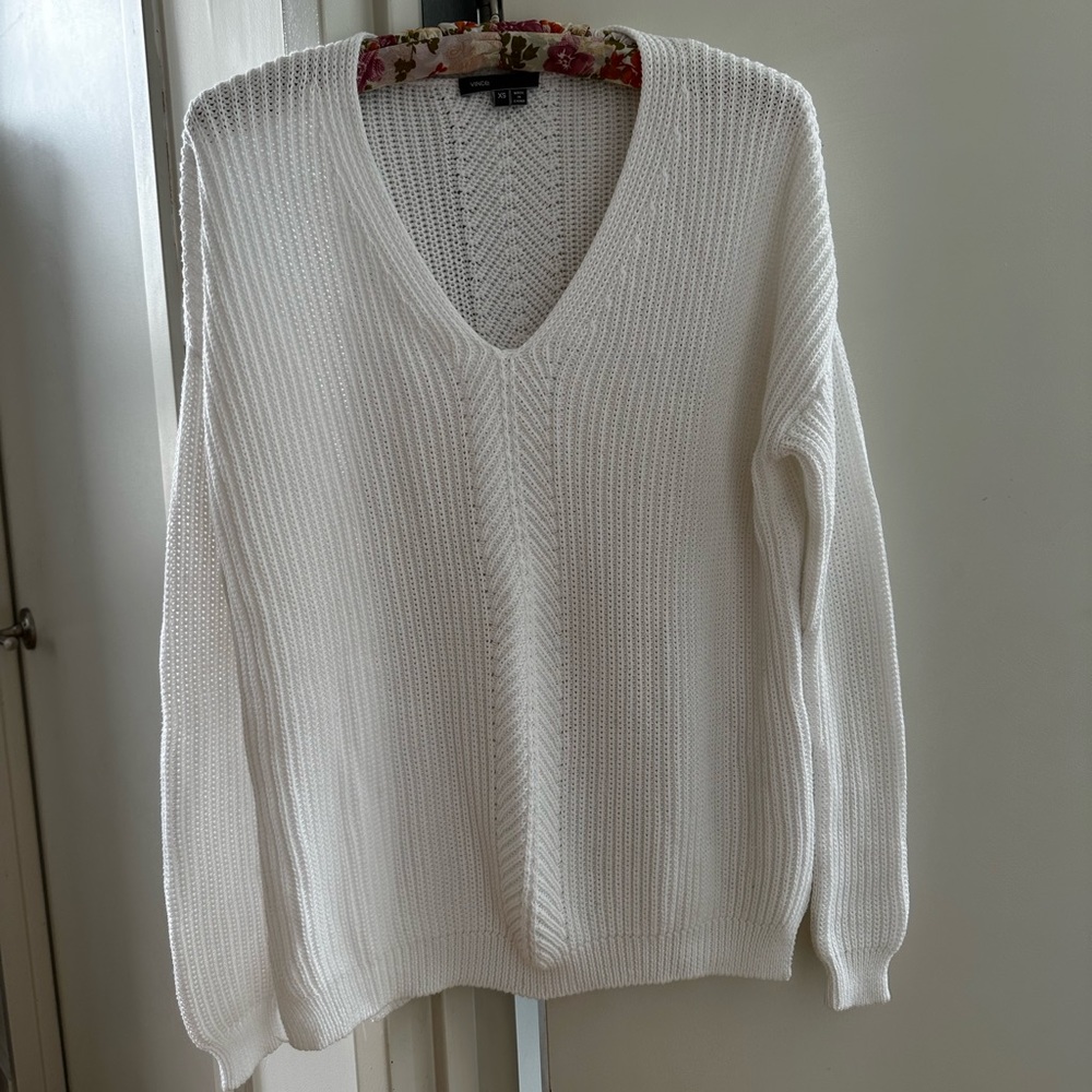 Vince White Knit V Neck Cotton Sweater, Size XS